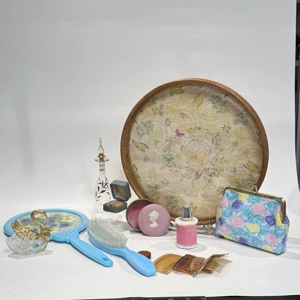 Curated Vintage 50s/60s Vanity Lot Tray Purfume Bottles Mirror Brush Etc